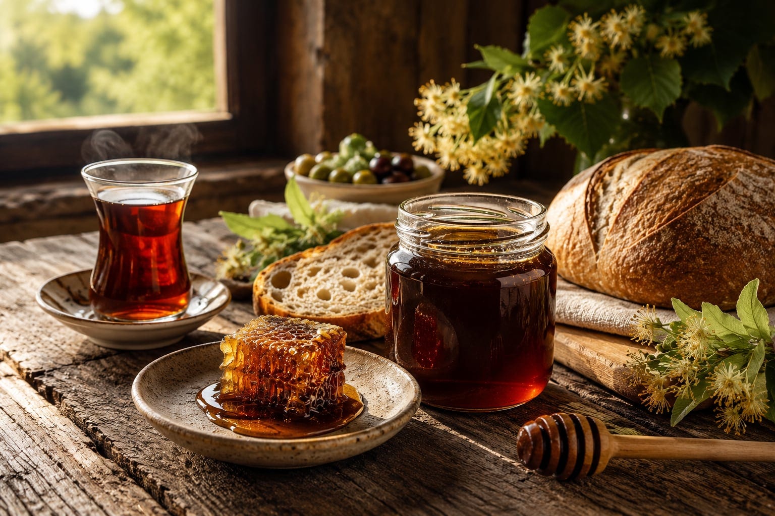 Ahşap masada bal kavanozu, petek, köy ekmeği ve çay